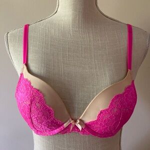 Dream Angels Victoria Secret Pink lace push up- pigeonnant bra size 34B